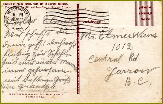 Postcard that Julius Derksen sent his grandson, Elmer Wiens