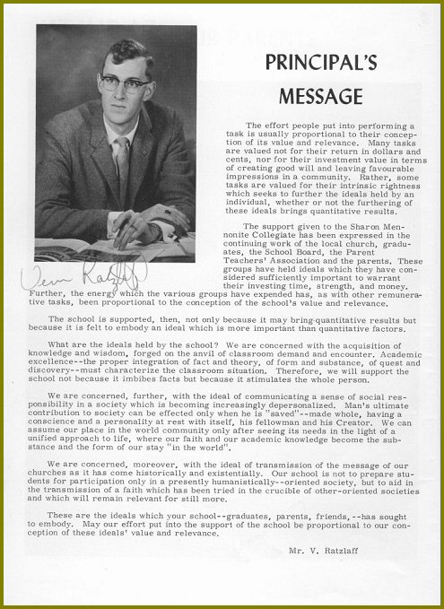 Sharon Mennonite Collegiate Principal's Message 1964